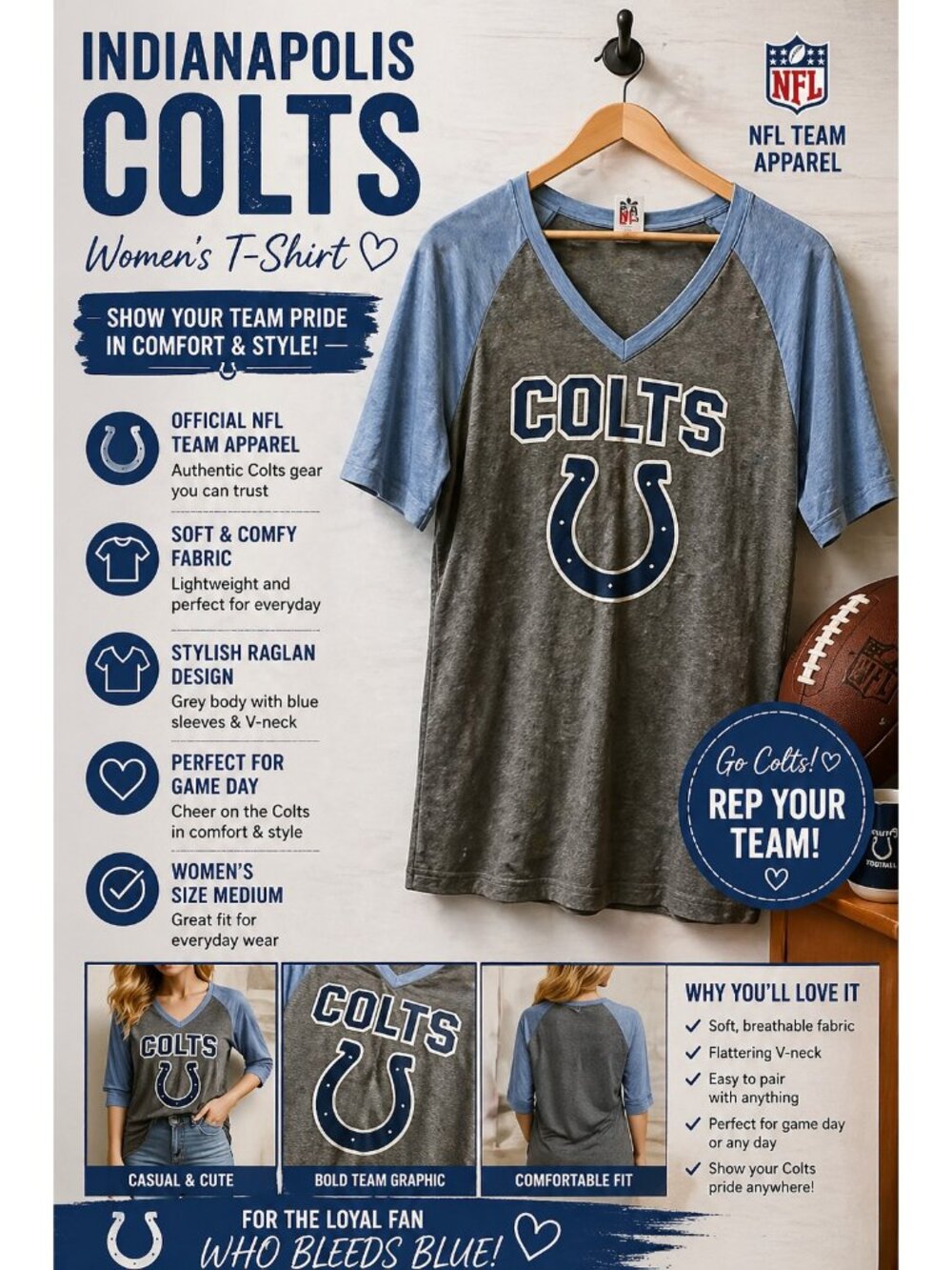 Indianapolis Colts Womens Medium T Shirt NFL Team Apparel Grey Blue Raglan V Nec